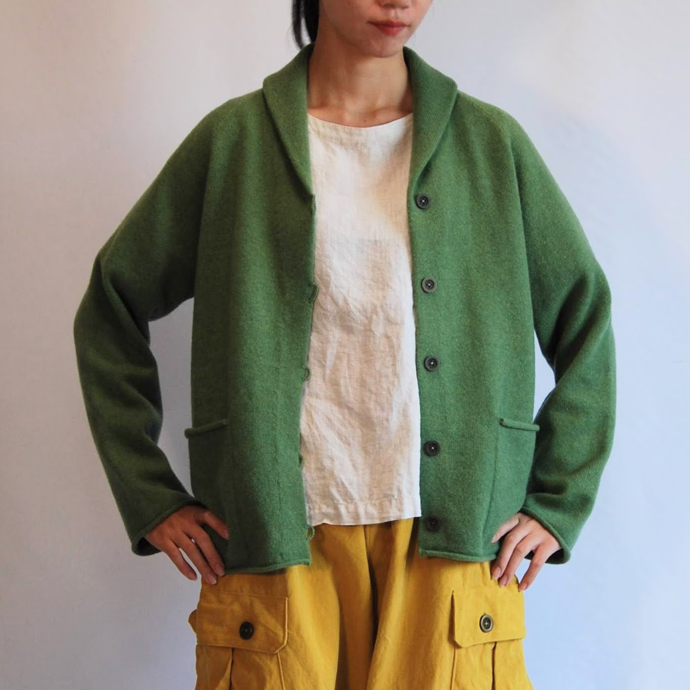 【受注制作】こんなカーデが欲しかった！ ふんわりショールカラーのラムウールカーディガン　グリーン