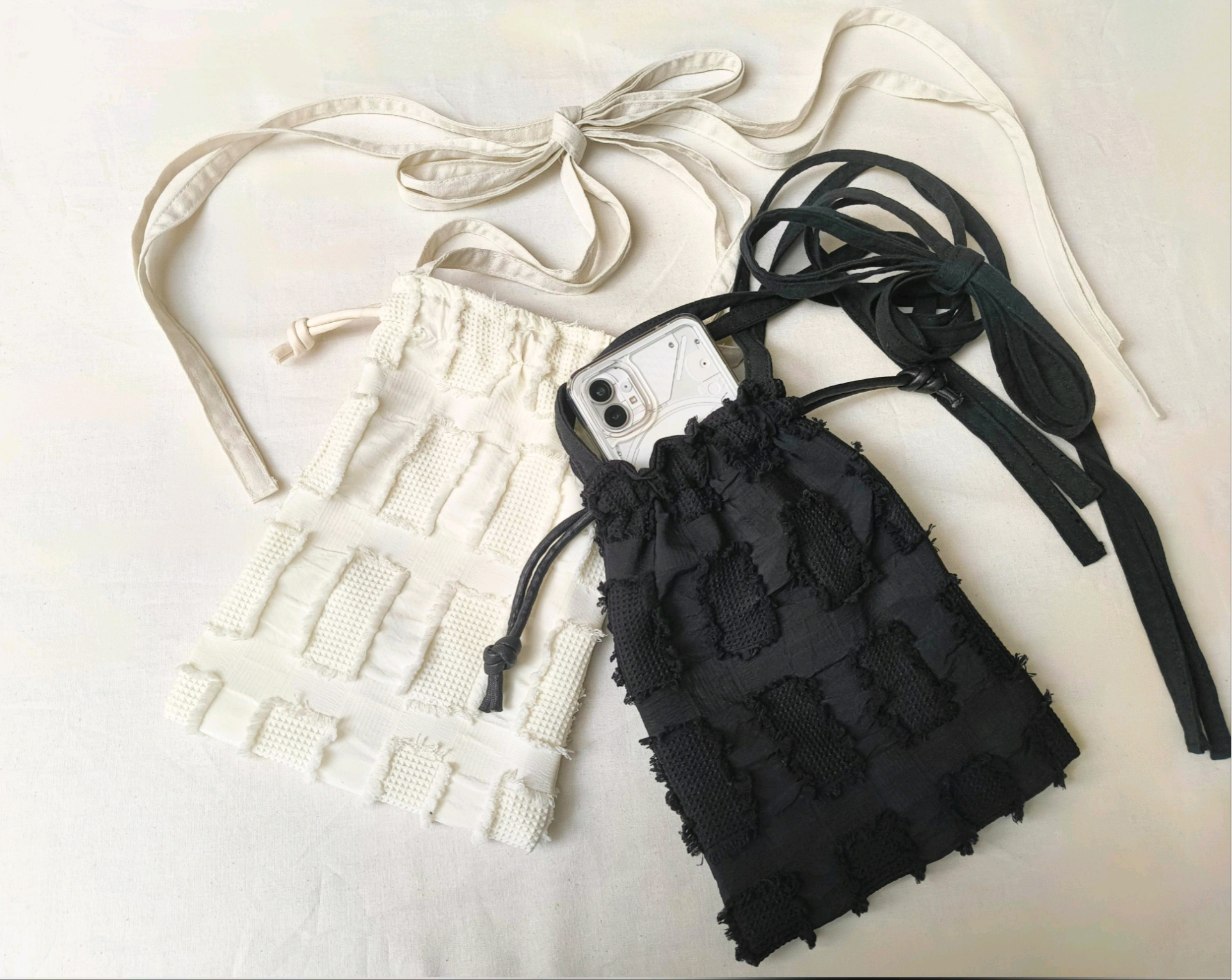 double ribbon pochette - インポートのカットブロッククロス -