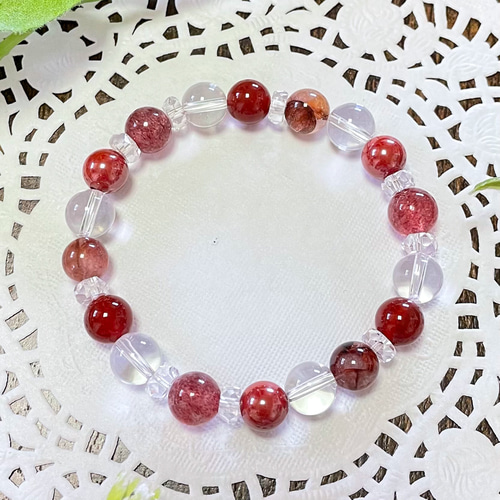 天然石★ブレスレット ストロベリークォーツ ♪ 383 ストロベリークォーツ・辰砂・リモナイトインクォーツ・レッドアゲート