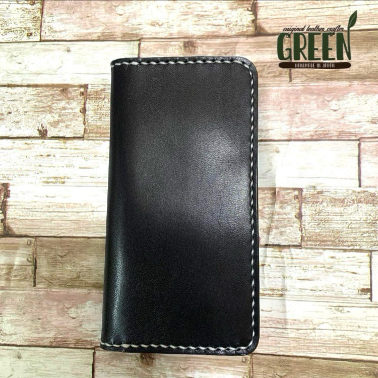 本革　iPhoneケース　栃木レザー　ブラック　手帳型シンプル　2枚ポケット付き　高級感　スマホケース