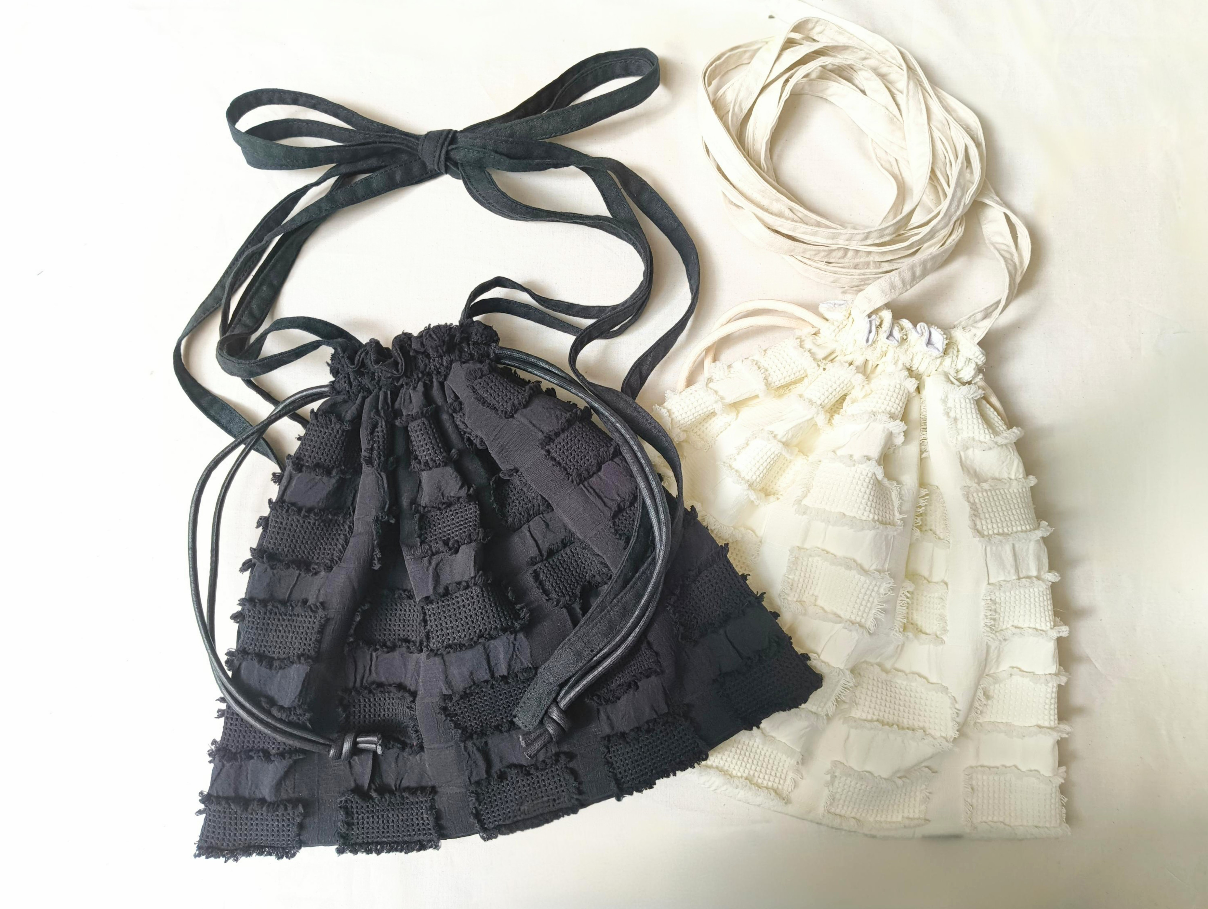 double ribbon kinchaku - インポートのカットブロッククロス -