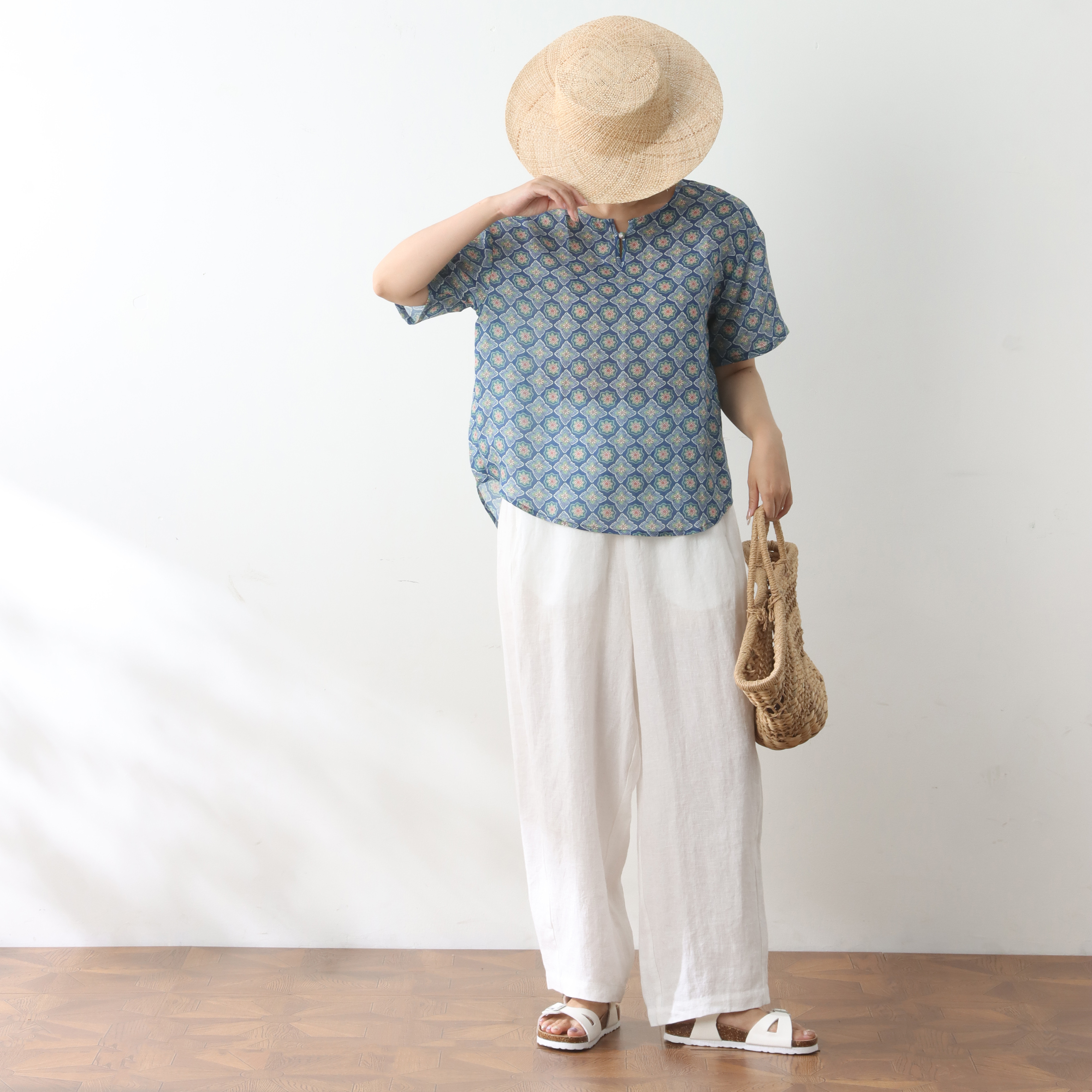 ラミー100％  柄プリント　ブラウス ♪オーダーサイズ可