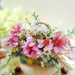 桃の花とミモザのアレンジメント アートフラワー atelierlumiere 通販