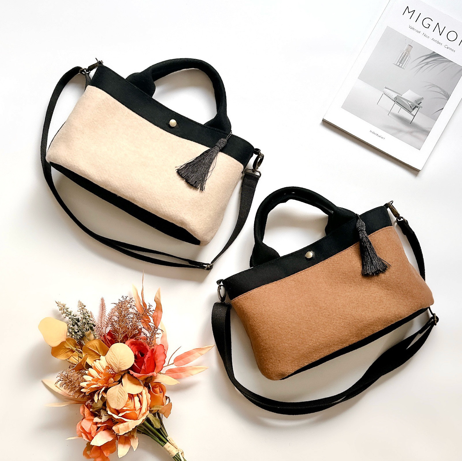 ＼新作／秋纏うイタリア製カシミア混メルトンウールのバイカラー2wayオーバルトートバッグ【選べる2色】秋冬新作2025