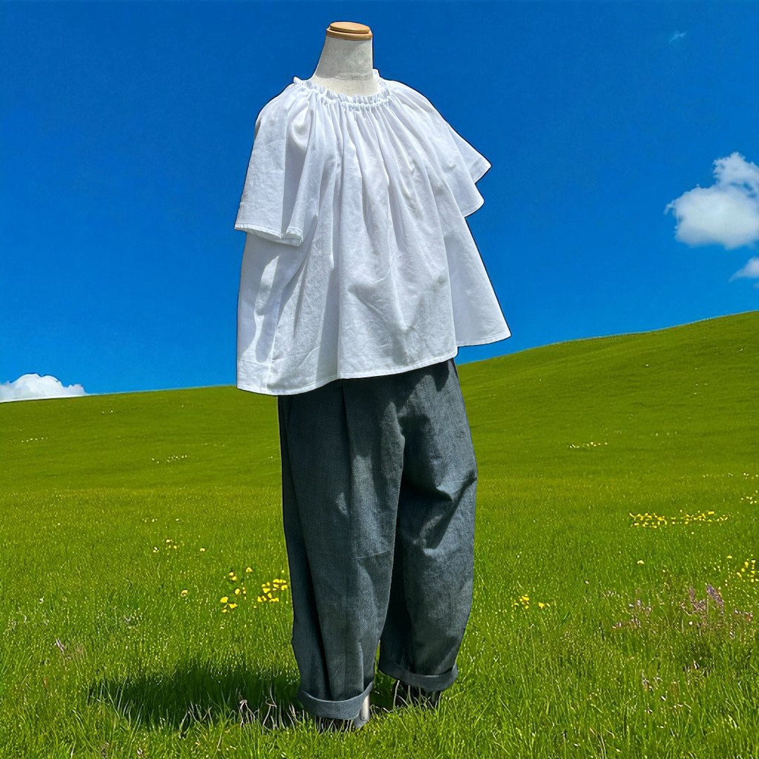 夏物バーゲンやわらかな保多織のラグラン袖ギャザーブラウス｜首元ゴムでふんわり⭐送料無料¥8900⇒￥7800