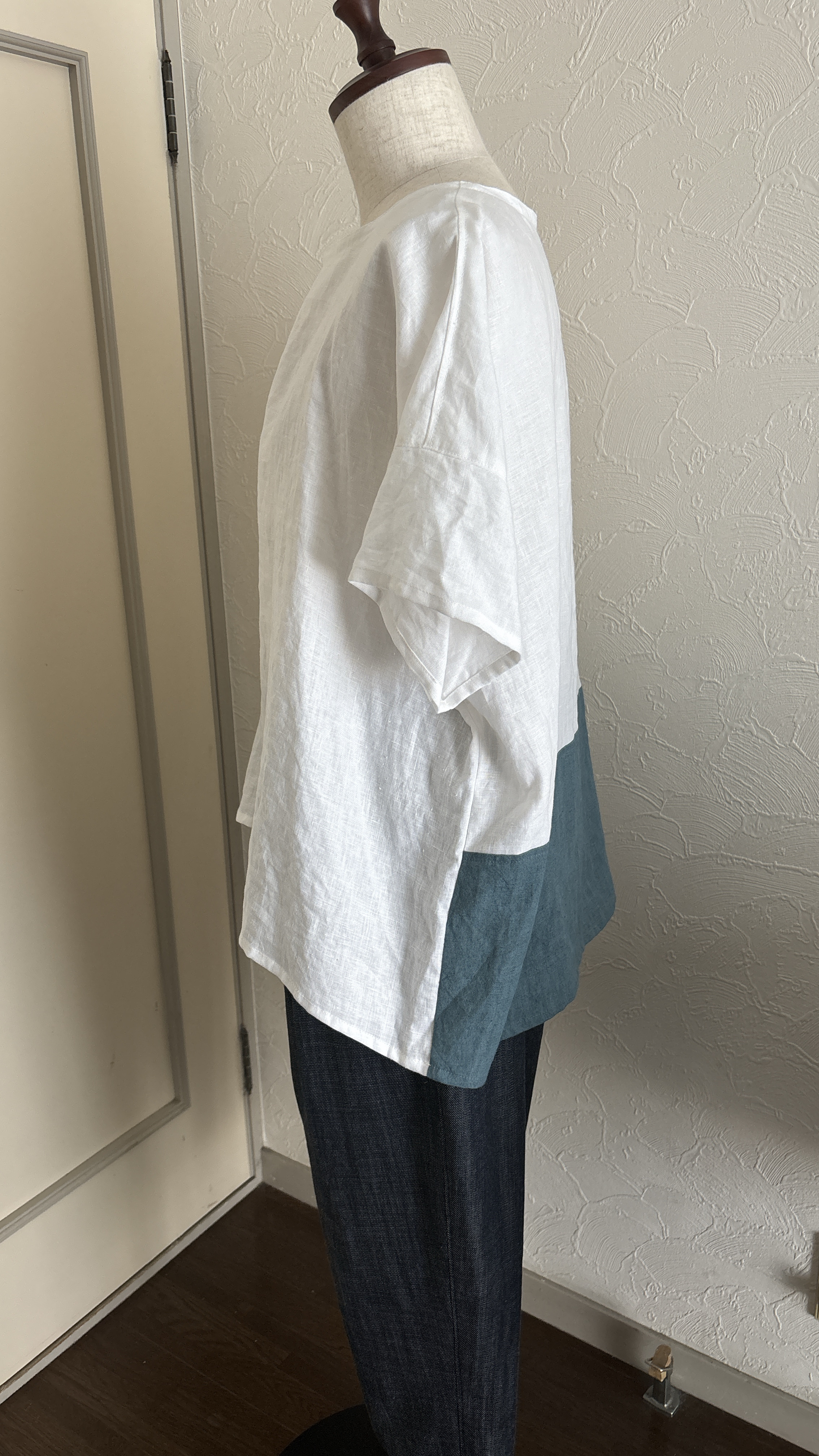 お値下げ！リネンのコンビブラウホワイト×エメグリーンフリーサイズ