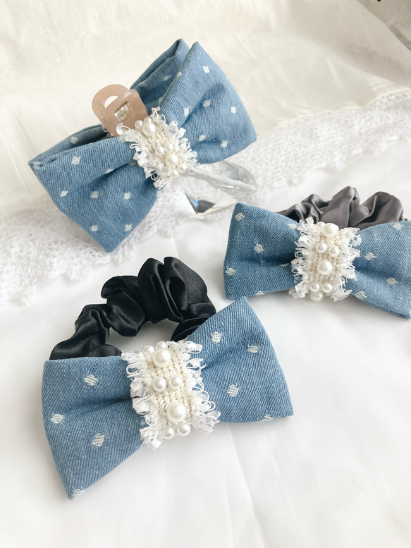 ¨̮チェック×ファー×デニムリボンのシュシュ デニムリボンシュシュ/パール付き/キラキラアクセサリー シュシュ