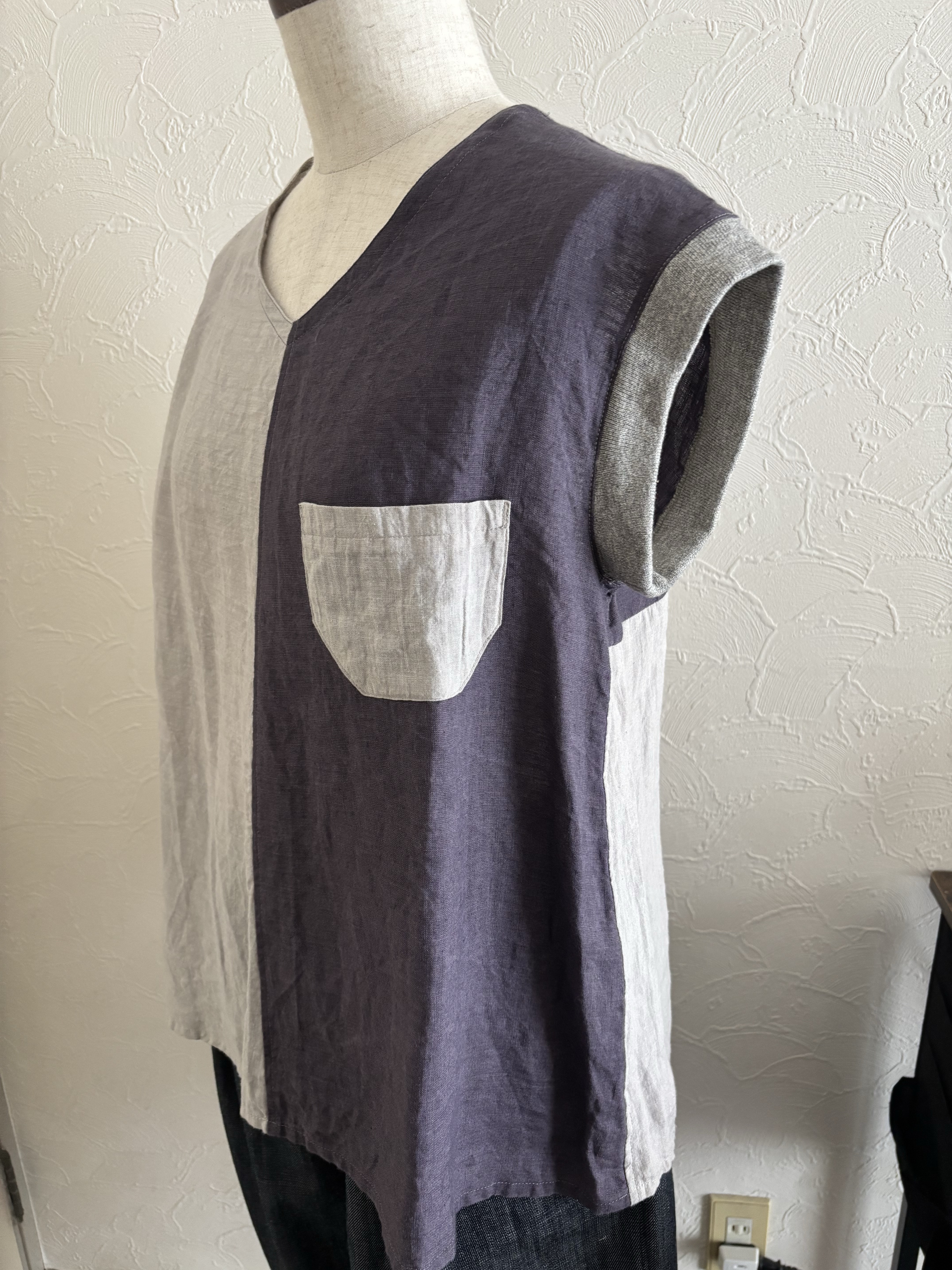 お値下げ！リネンのグレー×パープルのノースリーブフリーサイズ１点もの