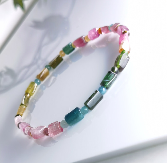 高透明「濃いピンク*グリーン」天然高質トルマリン　細身ブレスレット　 1枚目の画像