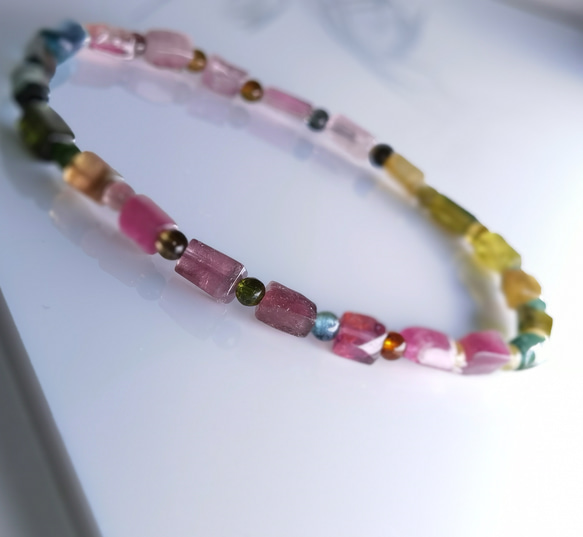 高透明「濃いピンク*グリーン」天然高質トルマリン　細身ブレスレット　 2枚目の画像
