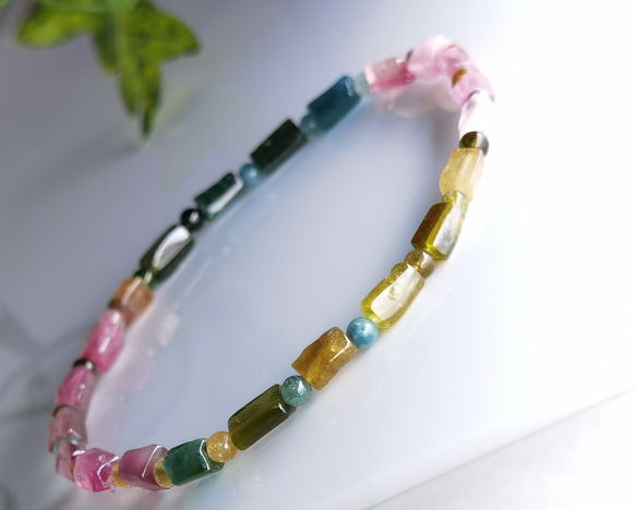 高透明「濃いピンク*グリーン」天然高質トルマリン　細身ブレスレット　 3枚目の画像
