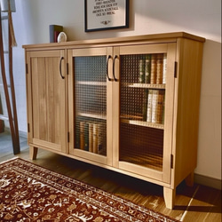 サイドボード キャビネット スライドドア 引き戸チェッカーガラス