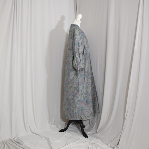 大島紬×Aラインワンピース,バルーン袖,キーネック, 和モダン