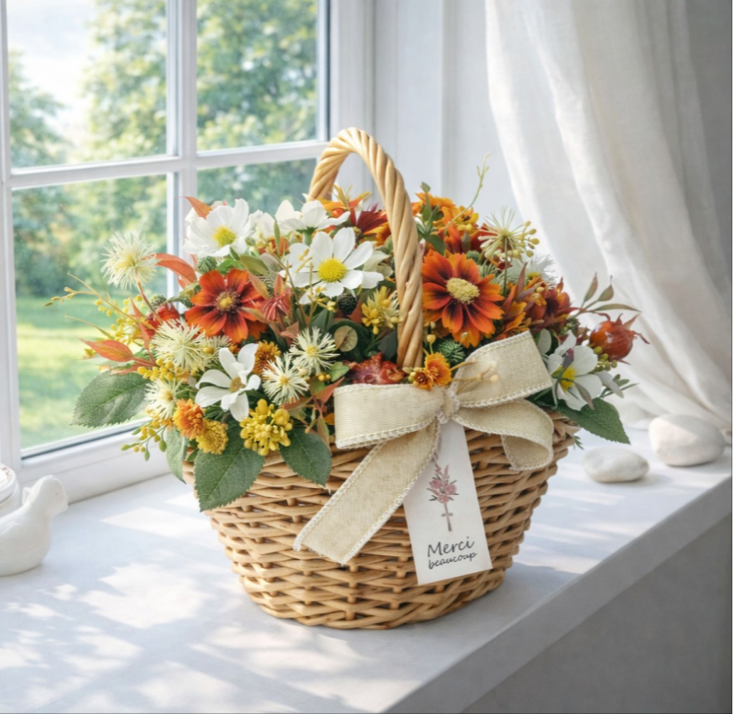 コスモスのバスケットアレンジ