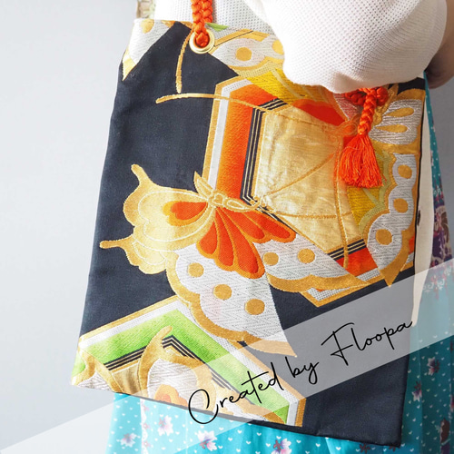 一点物】帯締め×帯リメイクトート｜蝶の刺繍が華やぐ和装バッグ（着物