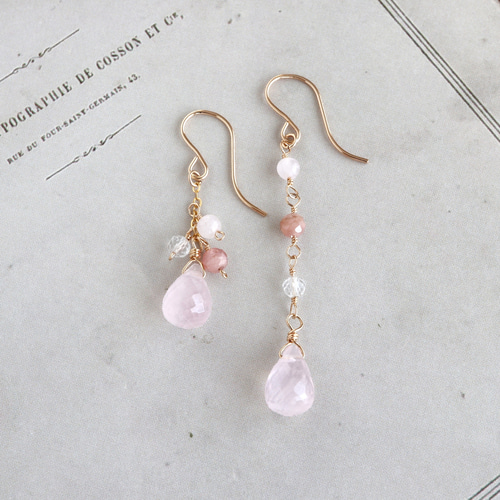 ✿SALE✿ 14kgf ローズクォーツ × インカローズ アシンメトリー ピアス