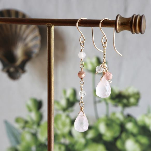 ✿SALE✿ 14kgf ローズクォーツ × インカローズ アシンメトリー ピアス