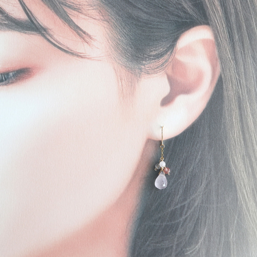 マルモ◆ラフカット✧インカローズ×淡水パールアシンメトリーピアス ✿SALE✿ 14kgf ローズクォーツ × インカローズ アシンメトリー ピアス
