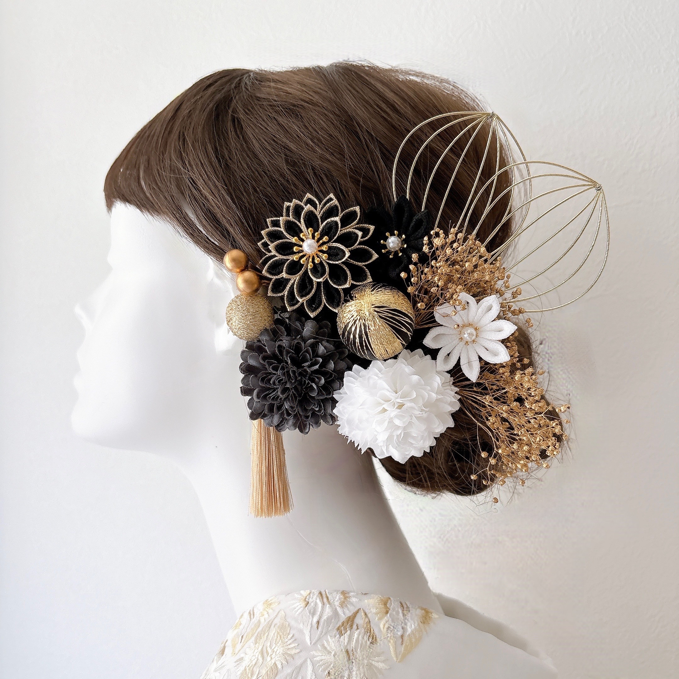 つまみ細工 髪飾り 黒×白 ダリア 13点セット 成人式 前撮り 卒業式 結婚式 七五三