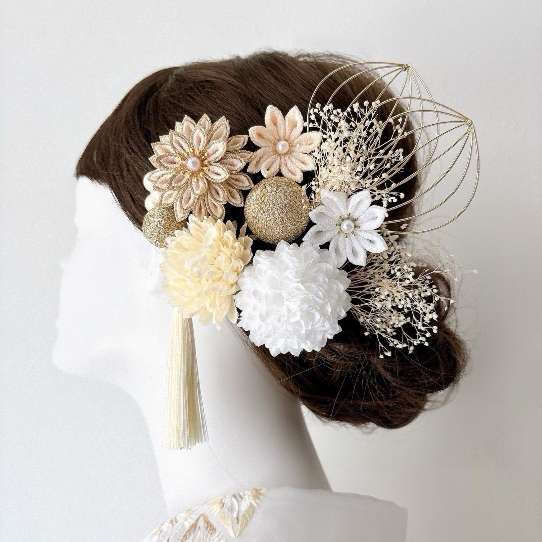 つまみ細工 髪飾り アイボリー×白 ダリア 13点セット 成人式 前撮り 卒業式 結婚式 七五三
