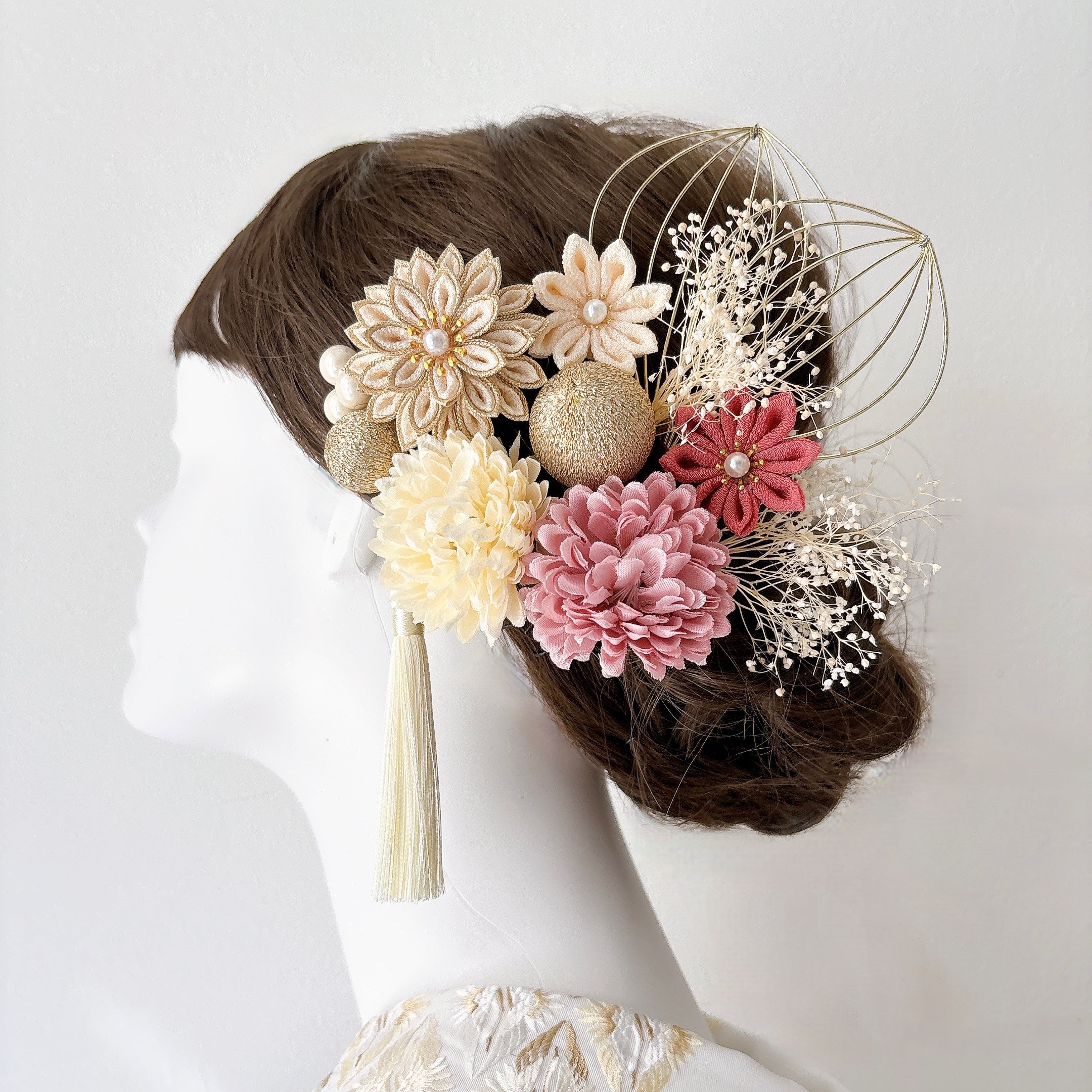 つまみ細工 髪飾り アイボリー×くすみピンク ダリア 13点セット 成人式 前撮り 卒業式 結婚式 七五三