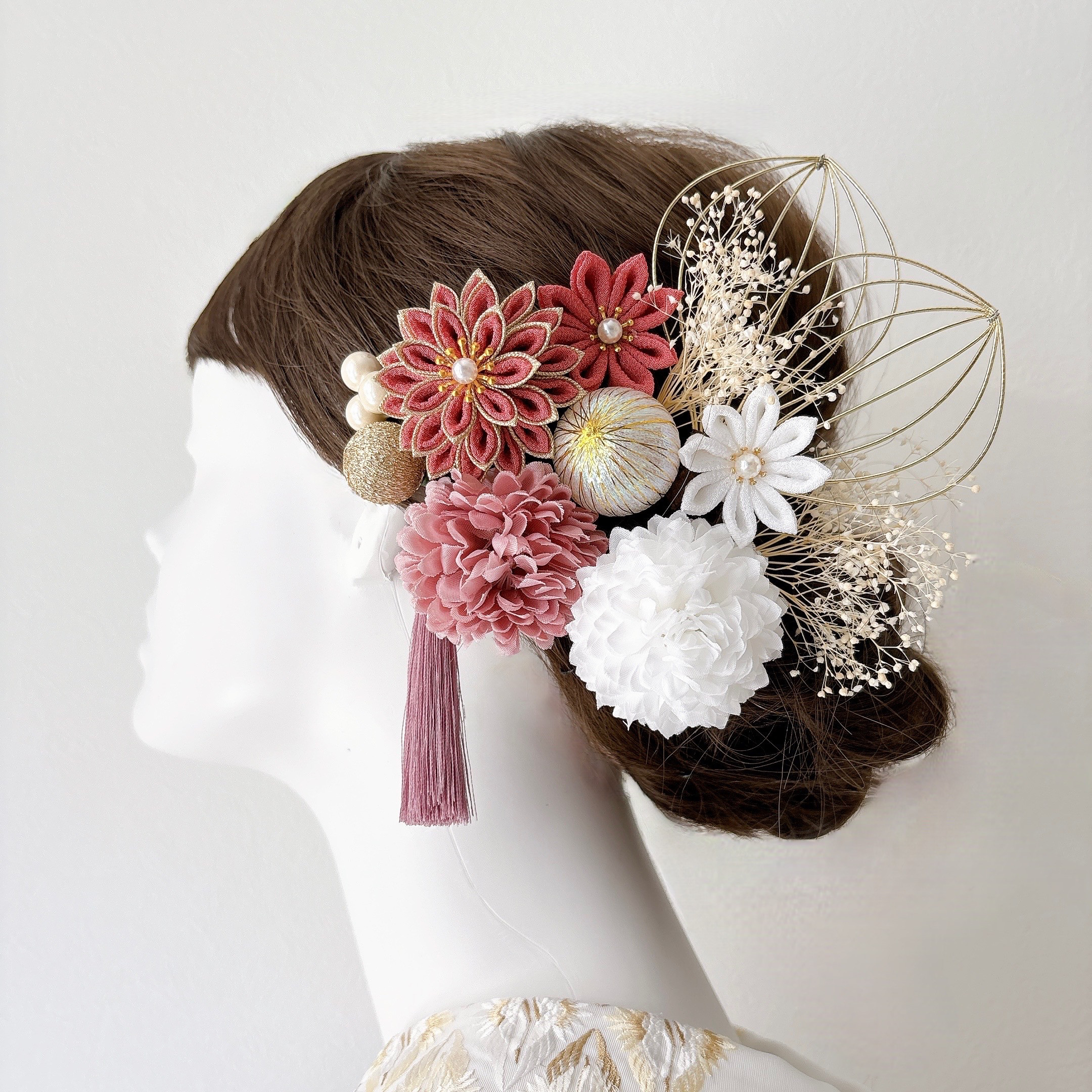 つまみ細工 髪飾り くすみピンク×白 ダリア 13点セット 成人式 前撮り 卒業式 結婚式 七五三