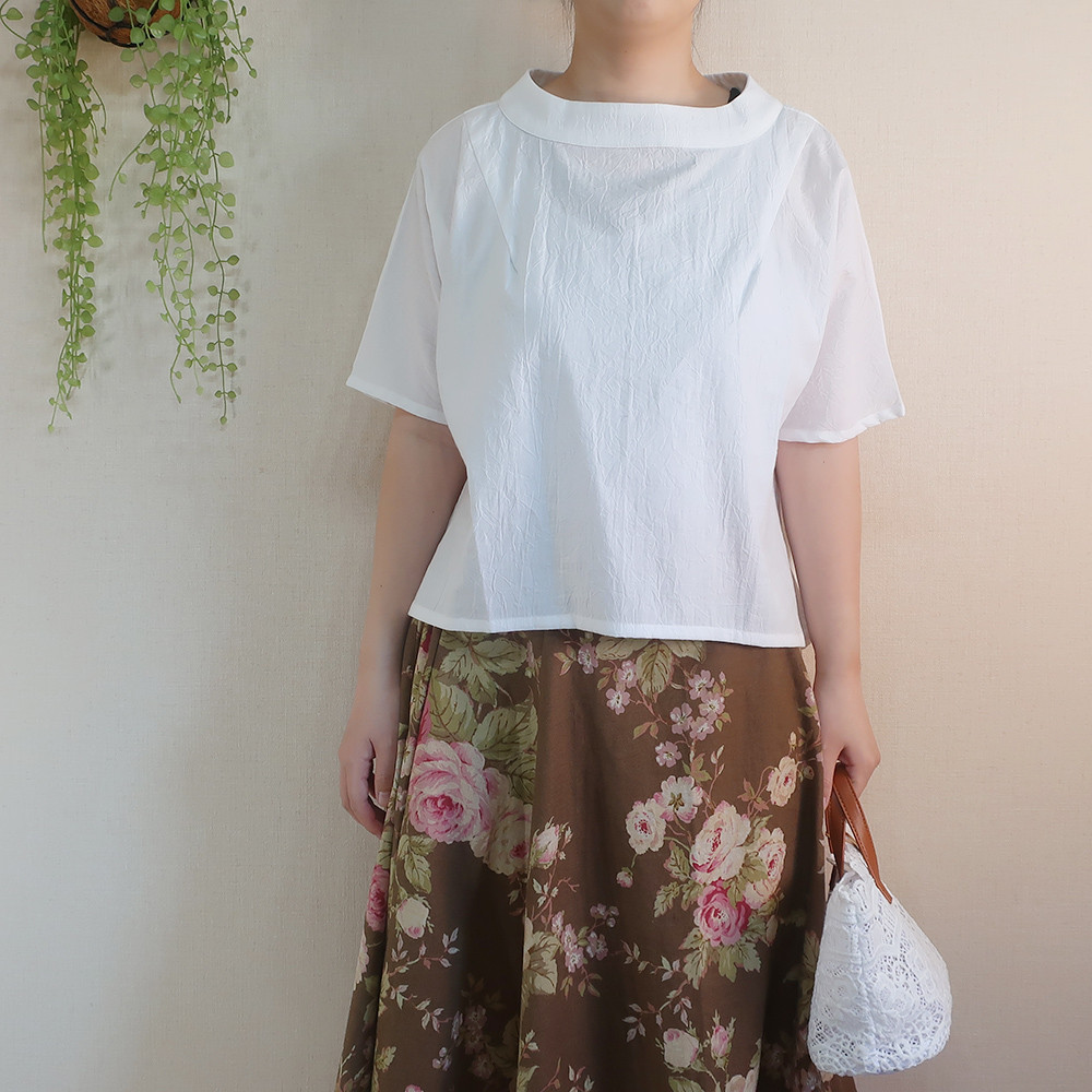 アイロン要らず ちゃんとして見え 学校行事にも ゆったりブラウス ハイネックドルマン（シワ加工コットン／３色）