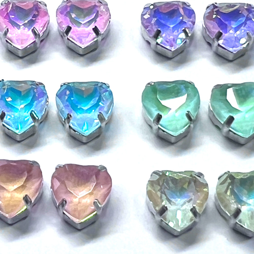 8mm 6個】 ハート型台座付きガラスラインストーン オーロラ 翡翠風 色