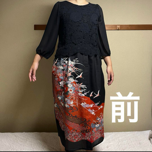 着物リメイクドレスワンピース（黒色地の赤柄） 着物リメイクドレス（黒色地に赤色柄） ワンピース たまる 通販