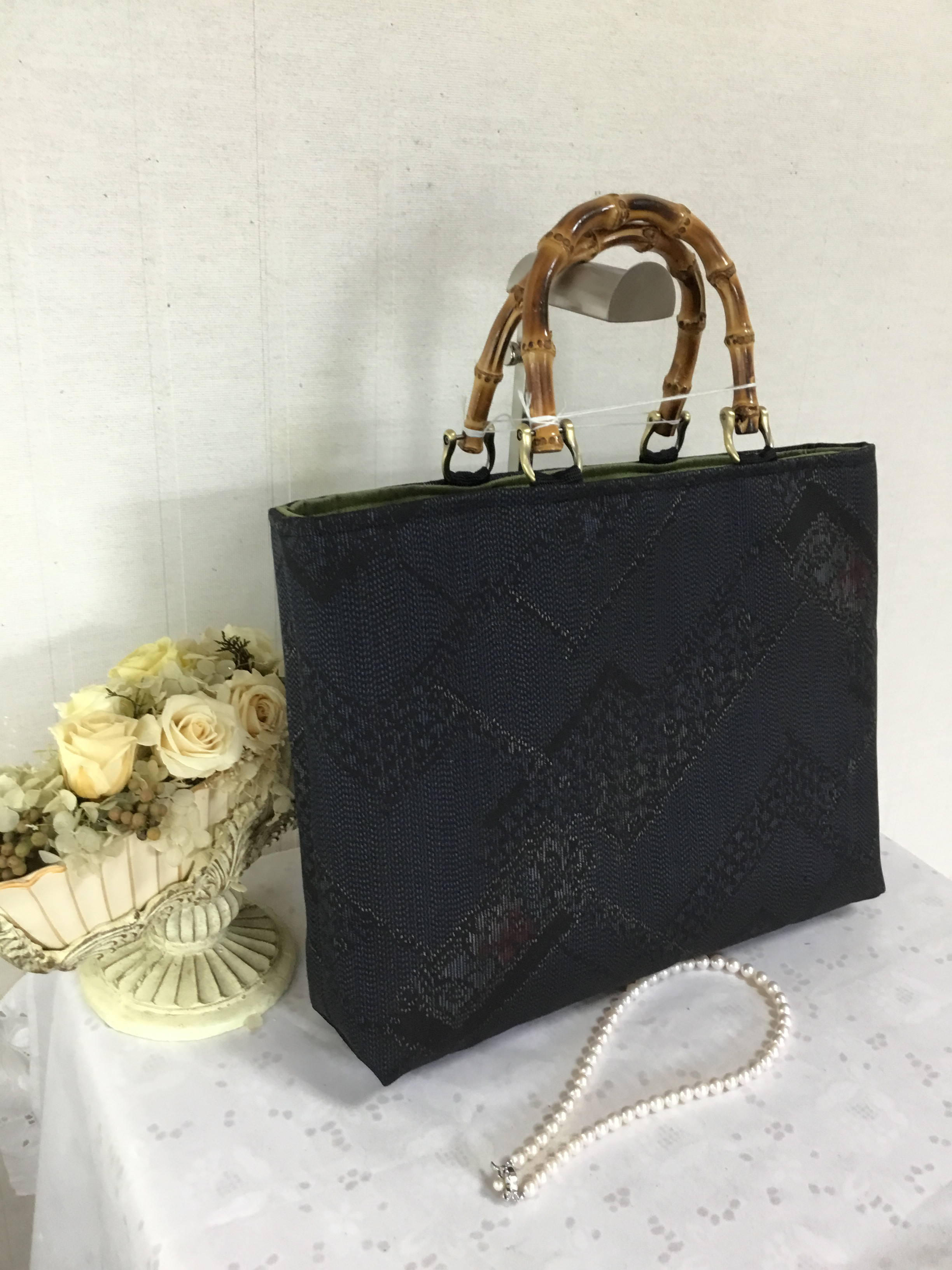 花ぷらら・シンプルで使いやすい・洋服でも着物でも使える・ハンドメイド・リメイク・大島紬・カバン・トートバッグ・450