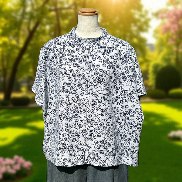 【保多織】花模様のやわらかバンドカラーブラウス⭐送料無料