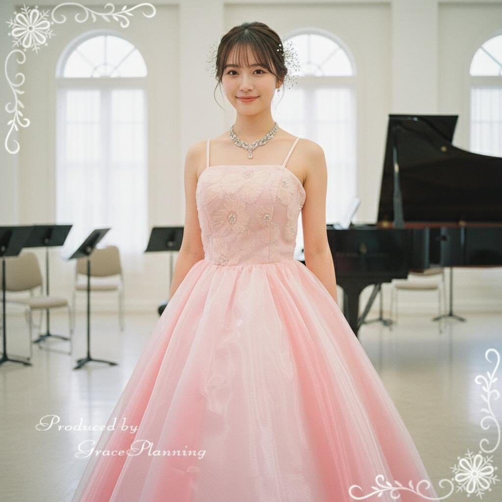 カラードレス ピンク お花モチーフビーズ 演奏会ドレス 発表会ドレス  舞台衣装 肩紐付き編み上げcd80054pk