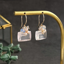 14kgf］宝石質 桜ピンクのローズクォーツ 一粒ピアス イヤリング変更可