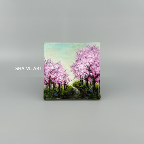 桜の原画｜鮮やかなアクリル絵 13×13cm｜小さなインテリアアート MYS