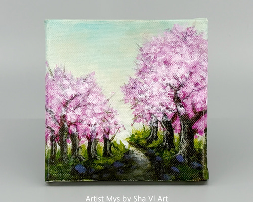 桜の原画｜鮮やかなアクリル絵 13×13cm｜小さなインテリアアート MYS