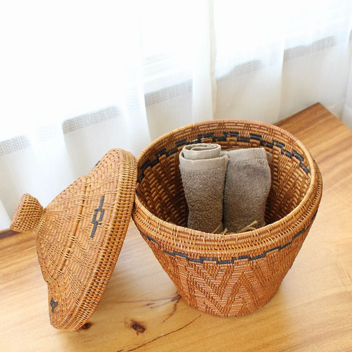 アタ 伝統工芸 アタ製品 蓋つき つぼ型 バスケット カゴ 収納 タオル