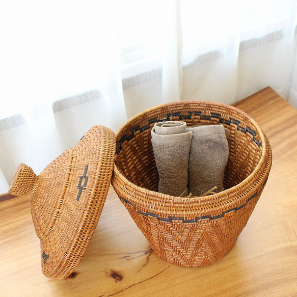 アタ 伝統工芸 アタ製品 蓋つき つぼ型 バスケット カゴ 収納 タオル