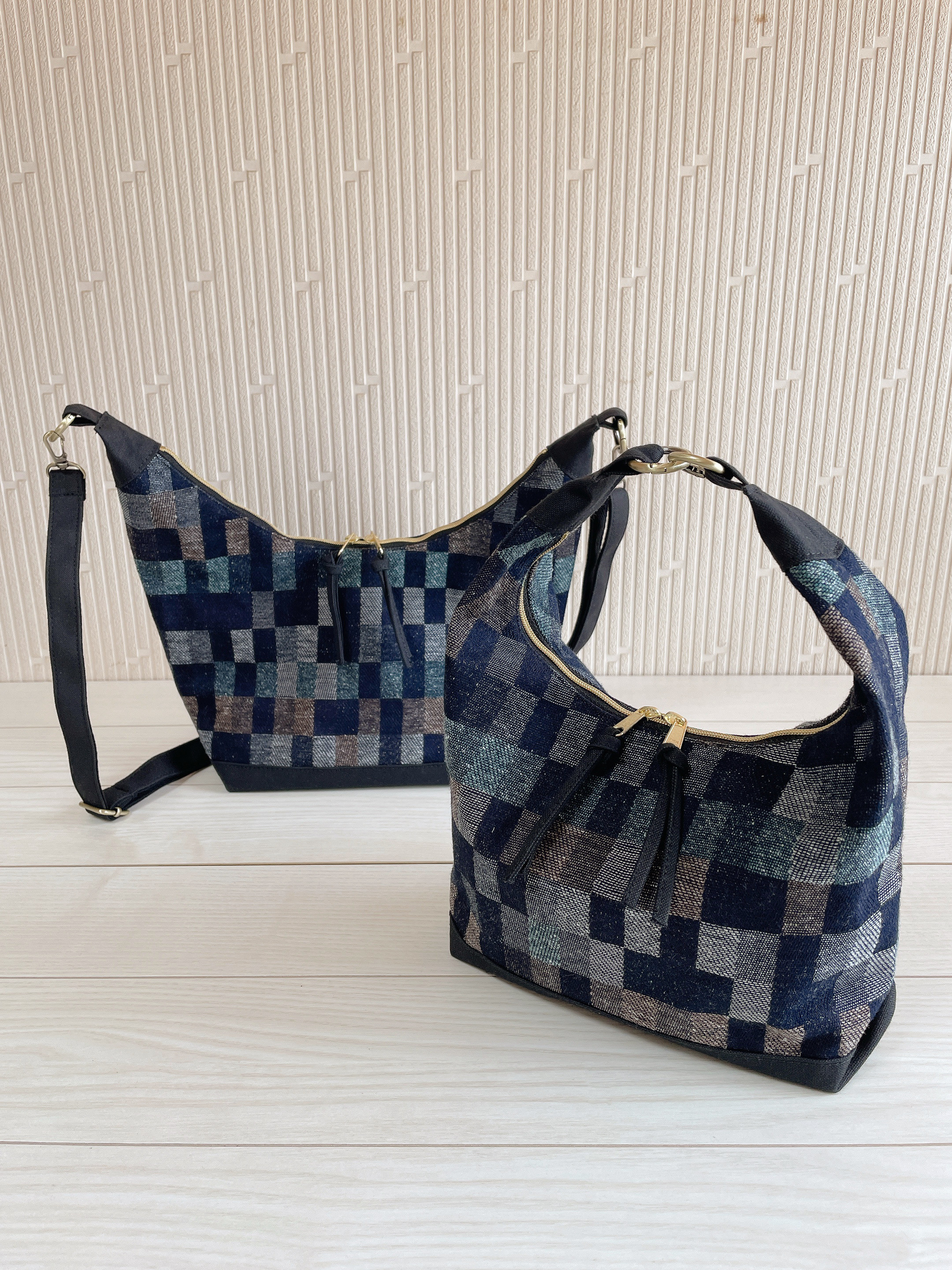 倉敷帆布　岡山デニム　2way　ショルダーバッグ　秋冬　チェック　軽量　自立　ホーボーバッグ　　ボディバッグ