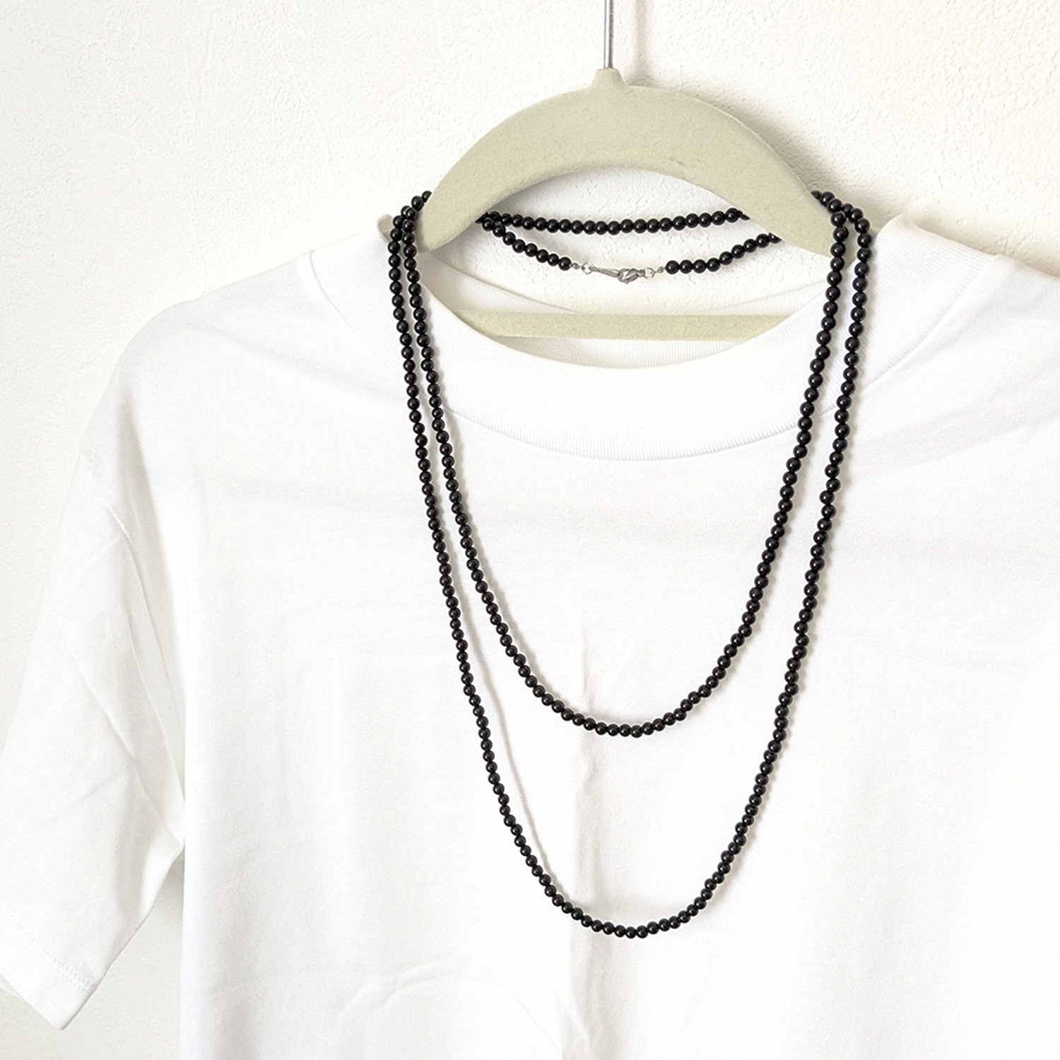 【4mmオニキス＊120cmロングネックレス】サージカルステンレス 316 金属アレルギー対応 オケージョン 2連 3連