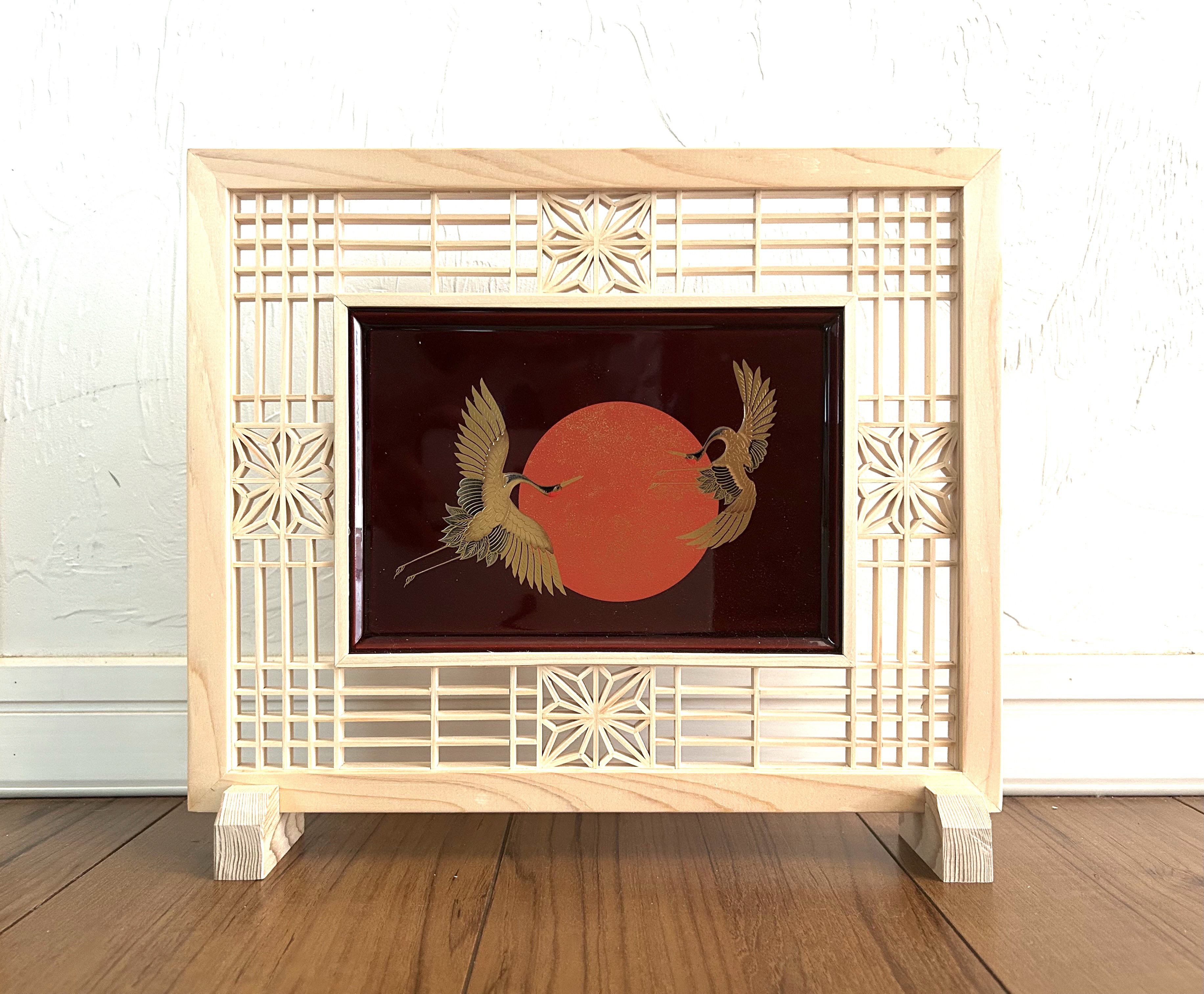 組子細工　お祝い日の出に夫婦鶴　総檜　creamer限定