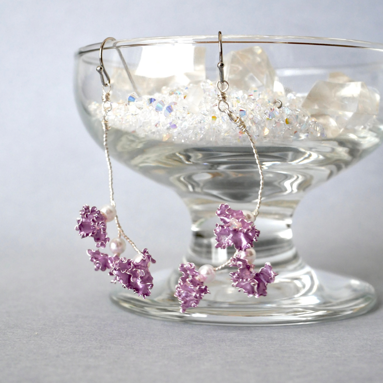 秋のサルスベリ　イヤリング/ピアス　　パープル　ディップアート　ディップフラワー　秋冬新作2025 秋限定2025