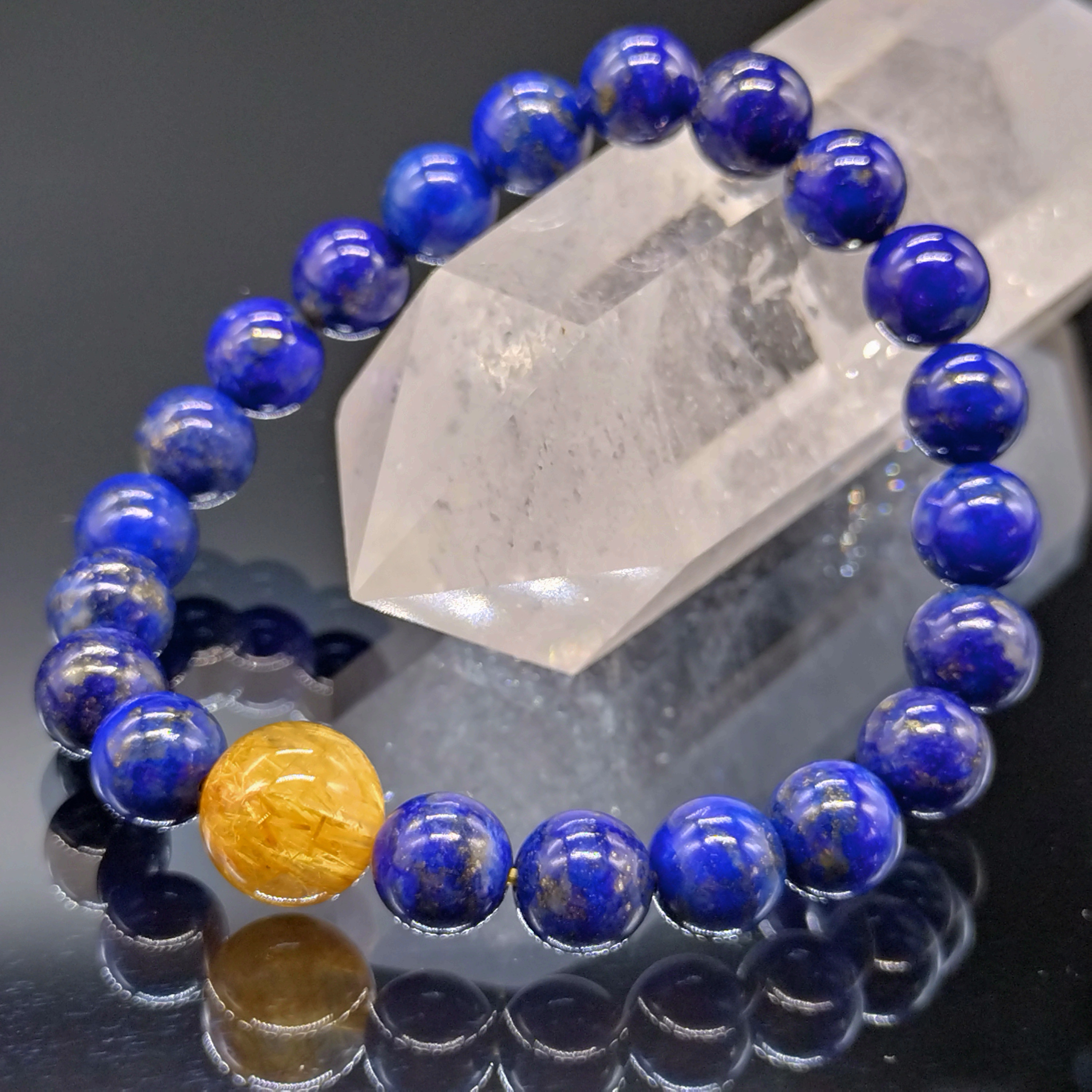 ゴールドルチルクォーツ・ラピスラズリ・8mm【親玉11mm・高品質】ブレスレット