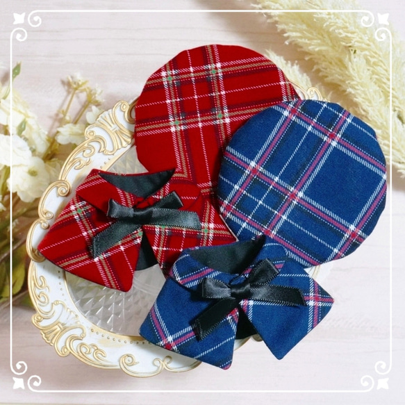 10cm〜12cmぬい服 タータンチェックケープ(ベレー帽追加可能