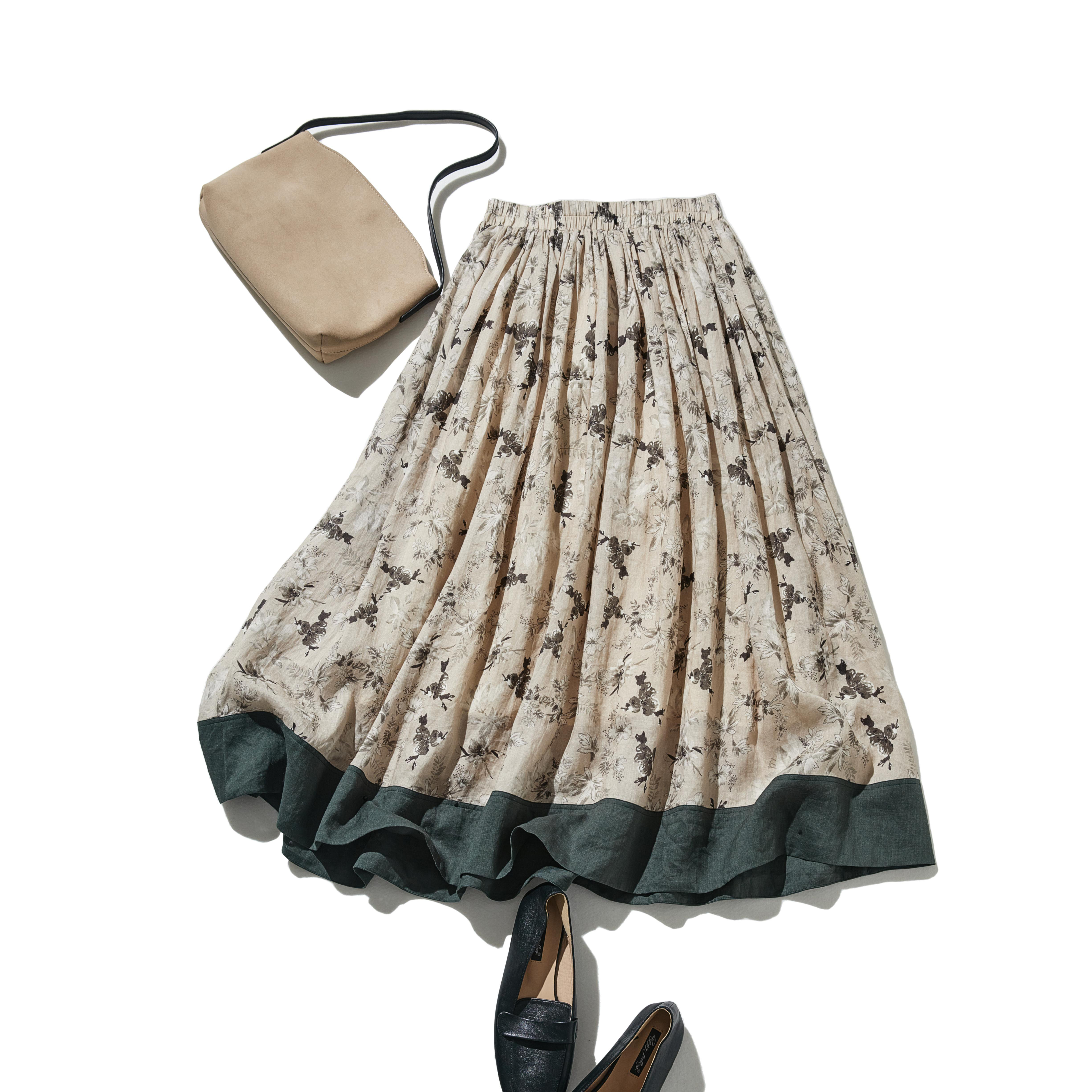 通年愛用できる綿裏地付 上質リネンカート ロングスカート　ギャザースカート  250808-1