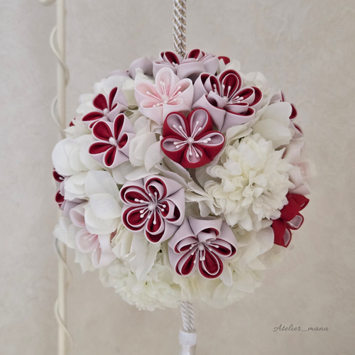 和装 アーティフィシャルフラワーとつまみ細工【梅】ボールブーケ(紅白