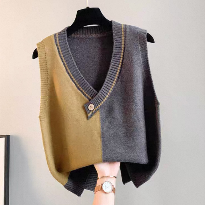 ニットベスト、カジュアル 、レディース、 ゆったり、袖なし