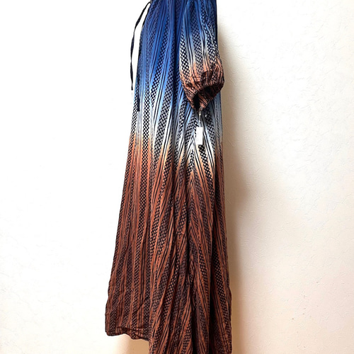 藍×柿渋染め グラデーション浴衣リメイクワンピース 着物