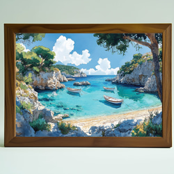 カキツバタの咲く水辺」透明水彩画 原画 風景画 額縁付 F6サイズ 絵画