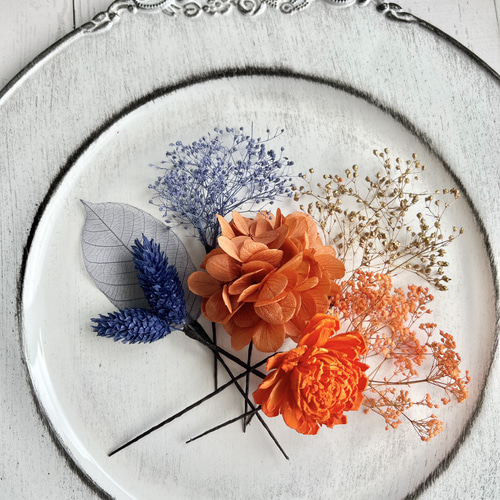 ヘアアクセサリー【オレンジ×ブルー×ネイビー×ゴールド(7本)】ヘッド