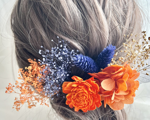 ヘアアクセサリー【オレンジ×ブルー×ネイビー×ゴールド(7本)】ヘッド